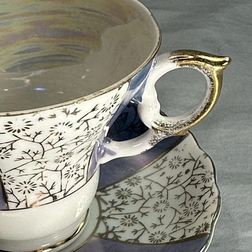 Vintage Lavender Lusterware Tea Cup Saucer Japan Gold Floral Iridescent 1950 Set